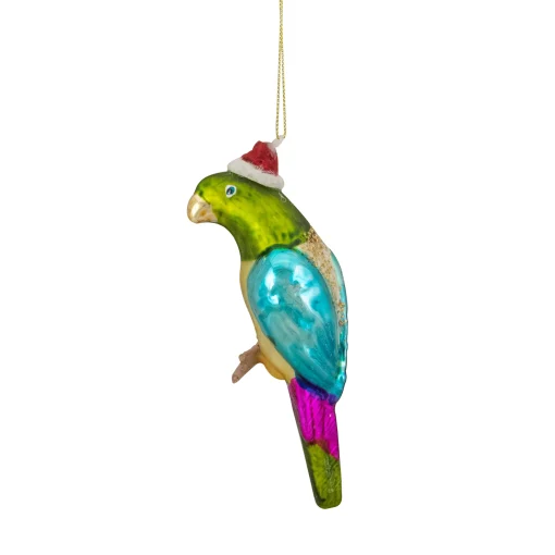 Northlight Animals>6.25" Green And Blue Parrot In A Santa Hat Glass Christmas Ornament