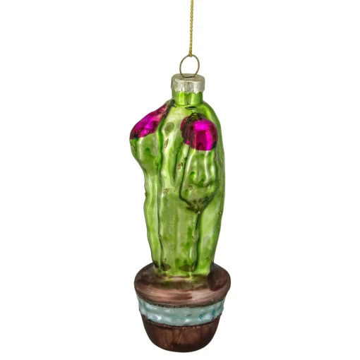 Northlight Beach & Tropical>4.75" Green And Pink Potted Cactus Glass Christmas Ornament