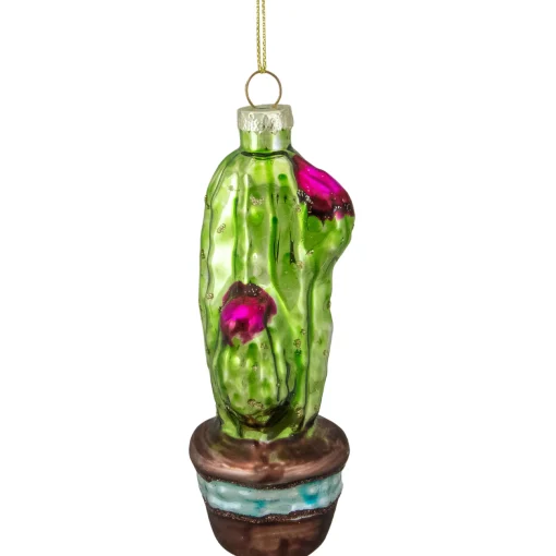 Northlight Beach & Tropical>4.75" Green And Pink Potted Cactus Glass Christmas Ornament
