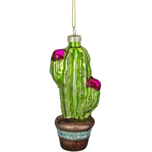 Northlight Beach & Tropical>4.75" Green And Pink Potted Cactus Glass Christmas Ornament