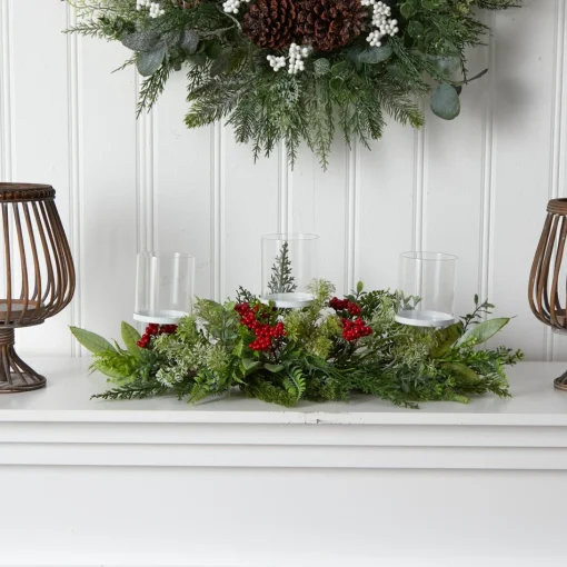 Floral*Nearly Natural 20" Green And Red Berries Christmas Triple Candelabrum