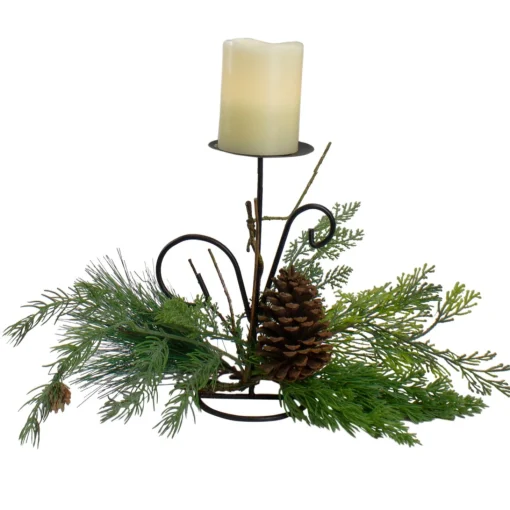 Candles & Holders*Northlight 10" Green Artificial Sprigs And Pine Cone Christmas Candle Holder