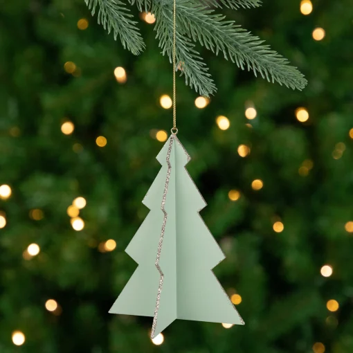 Northlight Trees & Wreaths>5.25" Green 3D Tree With Silver Glitter Wooden Christmas Ornament