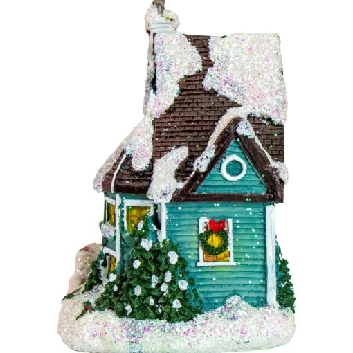 Christmas Villages*Northlight 5.5" Green Led Lighted Snowy House Christmas Village Decoration