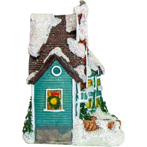 Christmas Villages*Northlight 5.5" Green Led Lighted Snowy House Christmas Village Decoration