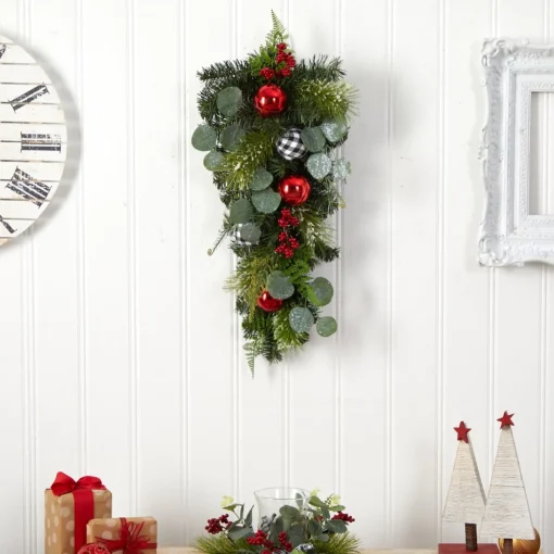 Unlit Swags*Nearly Natural 26" Greenery Ornament Artificial Christmas Teardrop Swag, Unlit