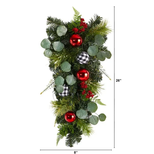 Unlit Swags*Nearly Natural 26" Greenery Ornament Artificial Christmas Teardrop Swag, Unlit