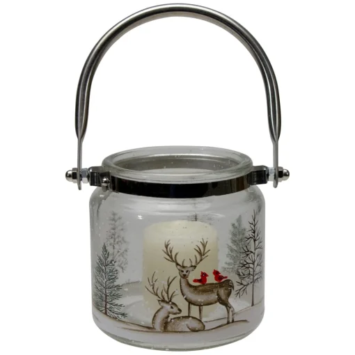 Candles & Holders*Northlight 4" Hand-Painted Pine Trees And Deer Flameless Glass Christmas Candle Holder