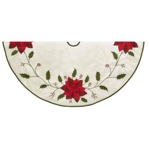 50 Inch And Larger*KSA 54" Ivory And Red With Poinsettia Applique Christmas Tree Skirt