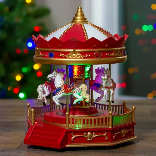 Christmas Villages*Northlight 9.25" Led Lighted Animated And Musical Carousel Christmas Village Display Piece