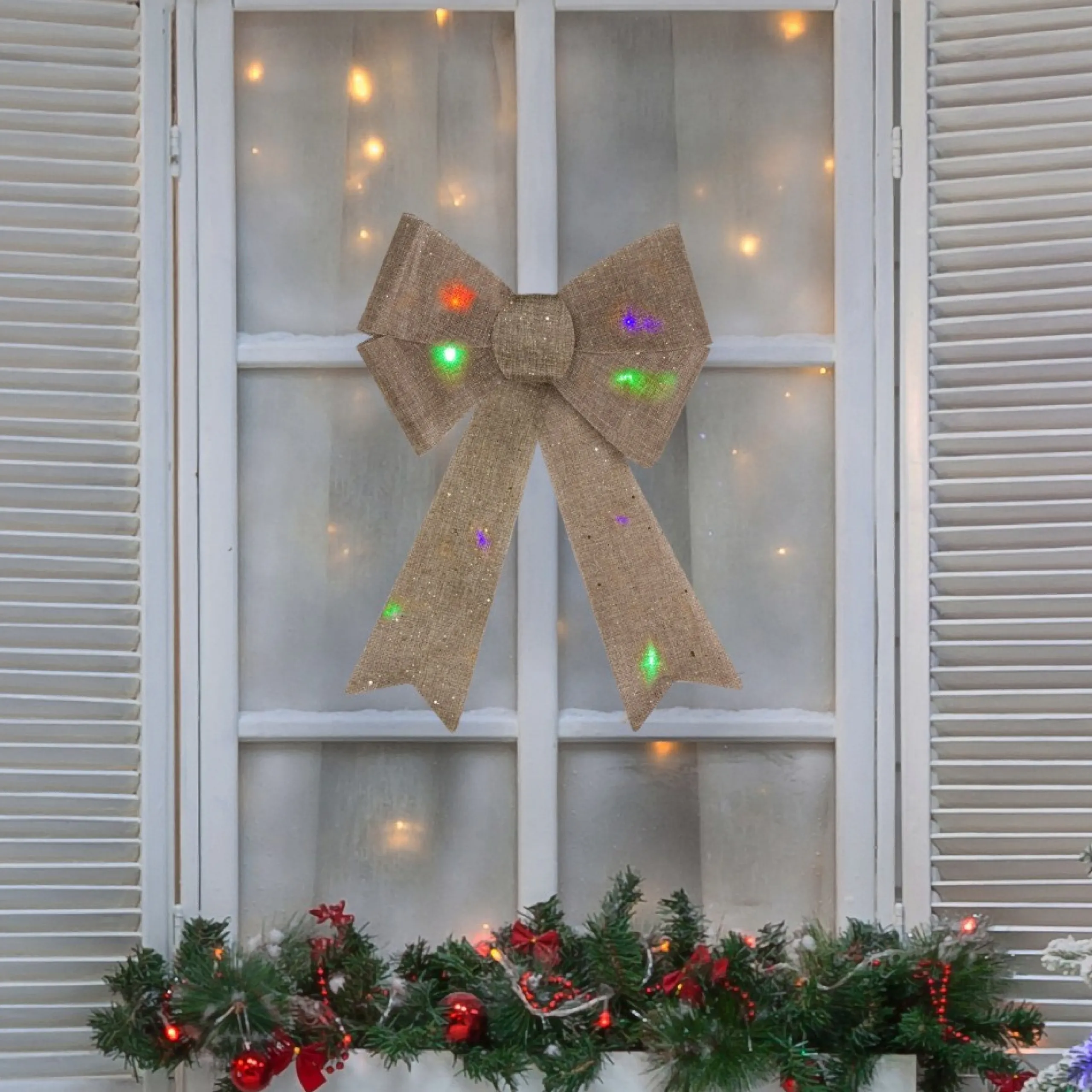 Bows*Northlight 16" Led Lighted Gold Glitter Burlap Bow Christmas Decoration With Color Changing Lights