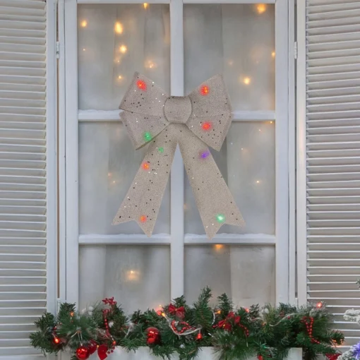 Bows*Northlight 16" Led Lighted Silver Burlap Bow Christmas Decoration With Color Changing Lights