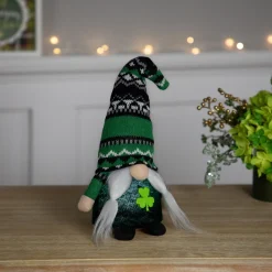 Northlight 11.5" Led Lighted St. Patrick's Day Girl Gnome With Knitted Irish Fair Isle Hat