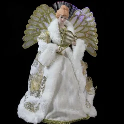 Angel Tree Toppers*Northlight 12" Lighted Fiber Optic Angel In Gold And Cream Gown With Harp Christmas Tree Topper
