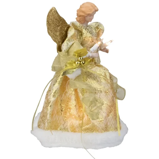 Angel Tree Toppers*Kurt Adler 12" Lighted Gold Angel With A Snowflakes Christmas Tree Topper - Clear Lights