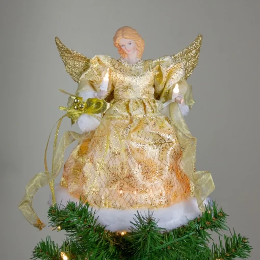 Angel Tree Toppers*Kurt Adler 12" Lighted Gold Angel With A Snowflakes Christmas Tree Topper - Clear Lights