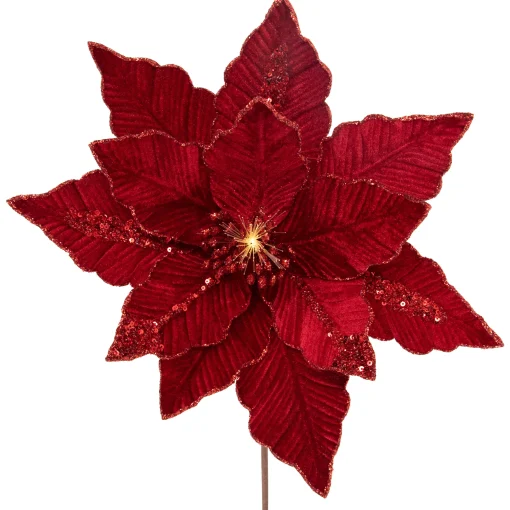 Northlight 20" Lighted Red Glittered Velvet Christmas Poinsettia Floral Pick