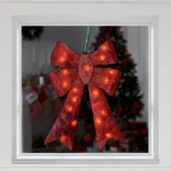 Window Decorations*Northlight 23" Lighted Sparkling Red Sisal Double Bow Outdoor Christmas Decoration