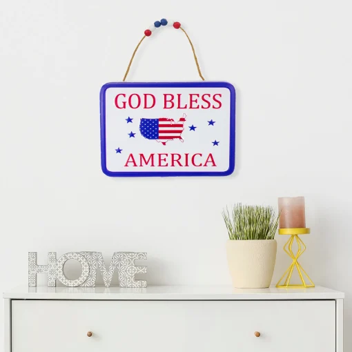 Northlight 8.75" Metal Patriotic "God Bless America" Sign With Stars Wall Decor