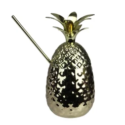 Avon 7" Metallic Gold Pineapple Tumbler Summer Cup With Straw