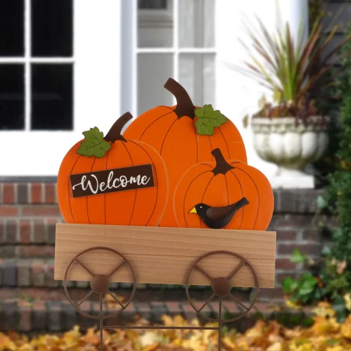 Glitzhome 26.25" Orange And Black 'Welcome' Pumpkin Thanksgiving Cart Yard Stake Or Hanging Sign