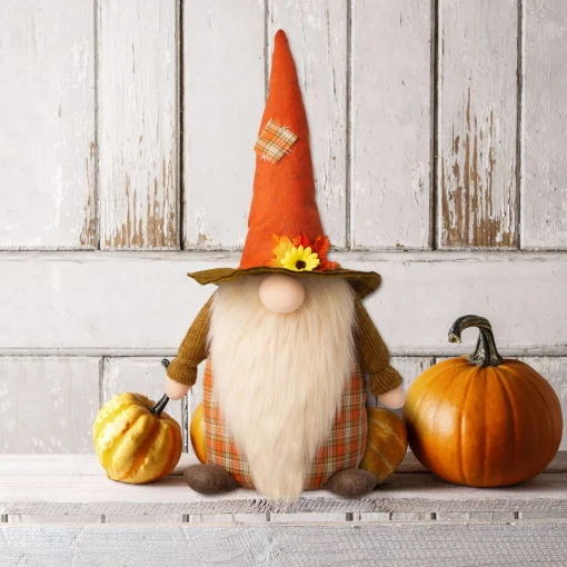 Glitzhome 24" Orange And Brown Gnome Standing Tabletop Autumn Figurine