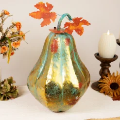 Northlight 14" Orange And Gold Elongated Autumn Pumpkin Metal Tabletop Decoration