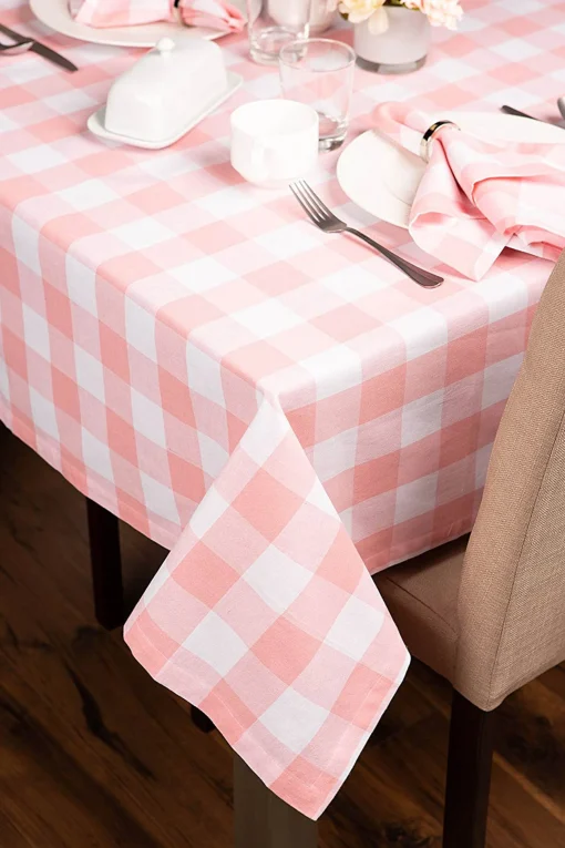Contemporary Home Living 120" Pale Pink And White Checkered Rectangular Tablecloth