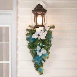Unlit Teardrops*Northlight 22" Peacock Feather And Poinsettia Artificial Christmas Teardrop Swag, Unlit