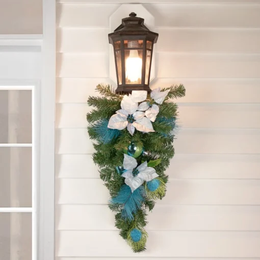 Unlit Teardrops*Northlight 22" Peacock Feather And Poinsettia Artificial Christmas Teardrop Swag, Unlit
