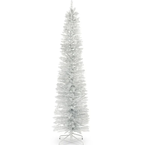 National Tree Company Silver Trees>7' Pencil Silver Tinsel Artificial Christmas Tree, Unlit