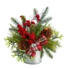 Floral*Nearly Natural 12" Pine Cones And Berries Artificial Christmas Arrangement In Decorative Vase