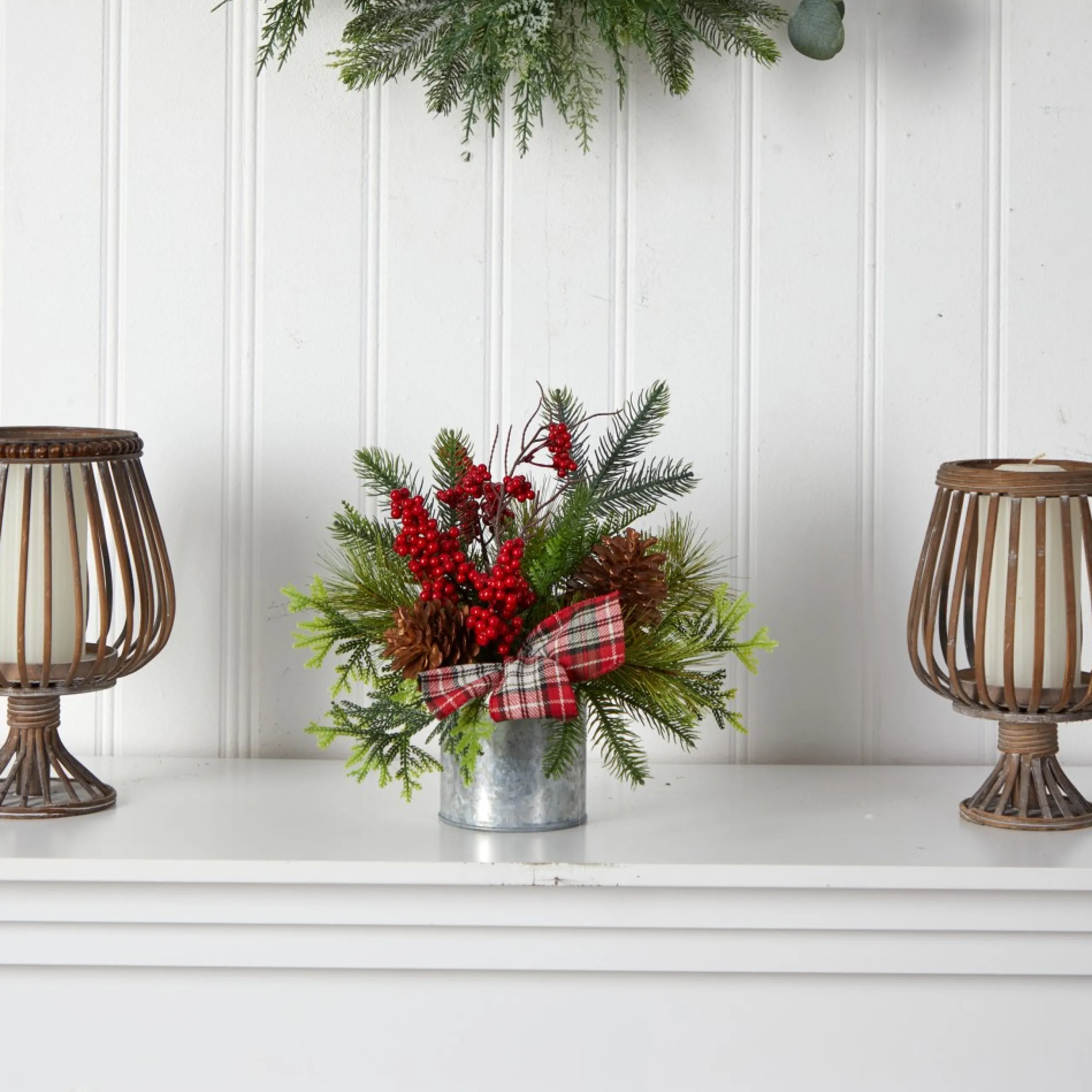 Floral*Nearly Natural 12" Pine Cones And Berries Artificial Christmas Arrangement In Decorative Vase