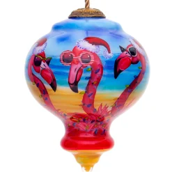 CC Christmas Decor Beach & Tropical>3.75" Pink And Blue Flamingos Hand Painted Mouth Blown Glass Hanging Christmas Ornament
