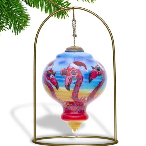 CC Christmas Decor Beach & Tropical>3.75" Pink And Blue Flamingos Hand Painted Mouth Blown Glass Hanging Christmas Ornament