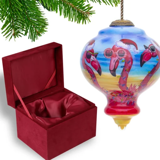CC Christmas Decor Beach & Tropical>3.75" Pink And Blue Flamingos Hand Painted Mouth Blown Glass Hanging Christmas Ornament