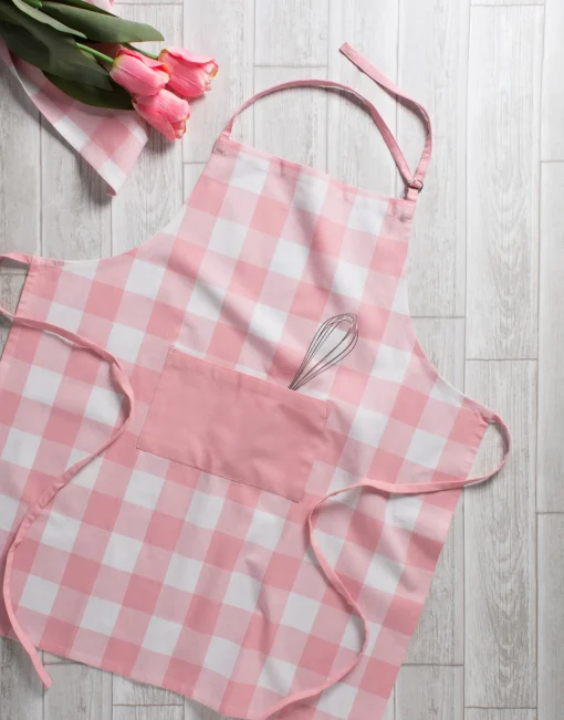 Contemporary Home Living 32" Pink And White Checkered Chef Apron With Front Pocket