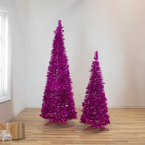Northlight Pop Up Trees>6' Pink Tinsel Pop-Up Artificial Christmas Tree, Unlit