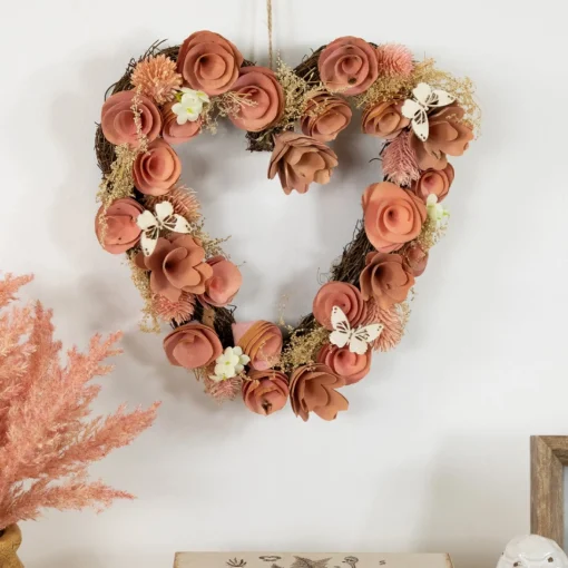 Specialty Wreaths*Northlight 10" Pink Wooden Rose Heart Spring Wreath With Butterflies