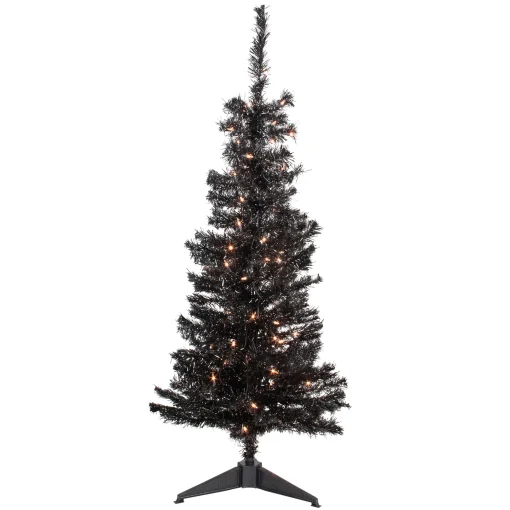Northlight Black Trees>4' Pre-Lit Black Artificial Tinsel Christmas Tree, Clear Lights