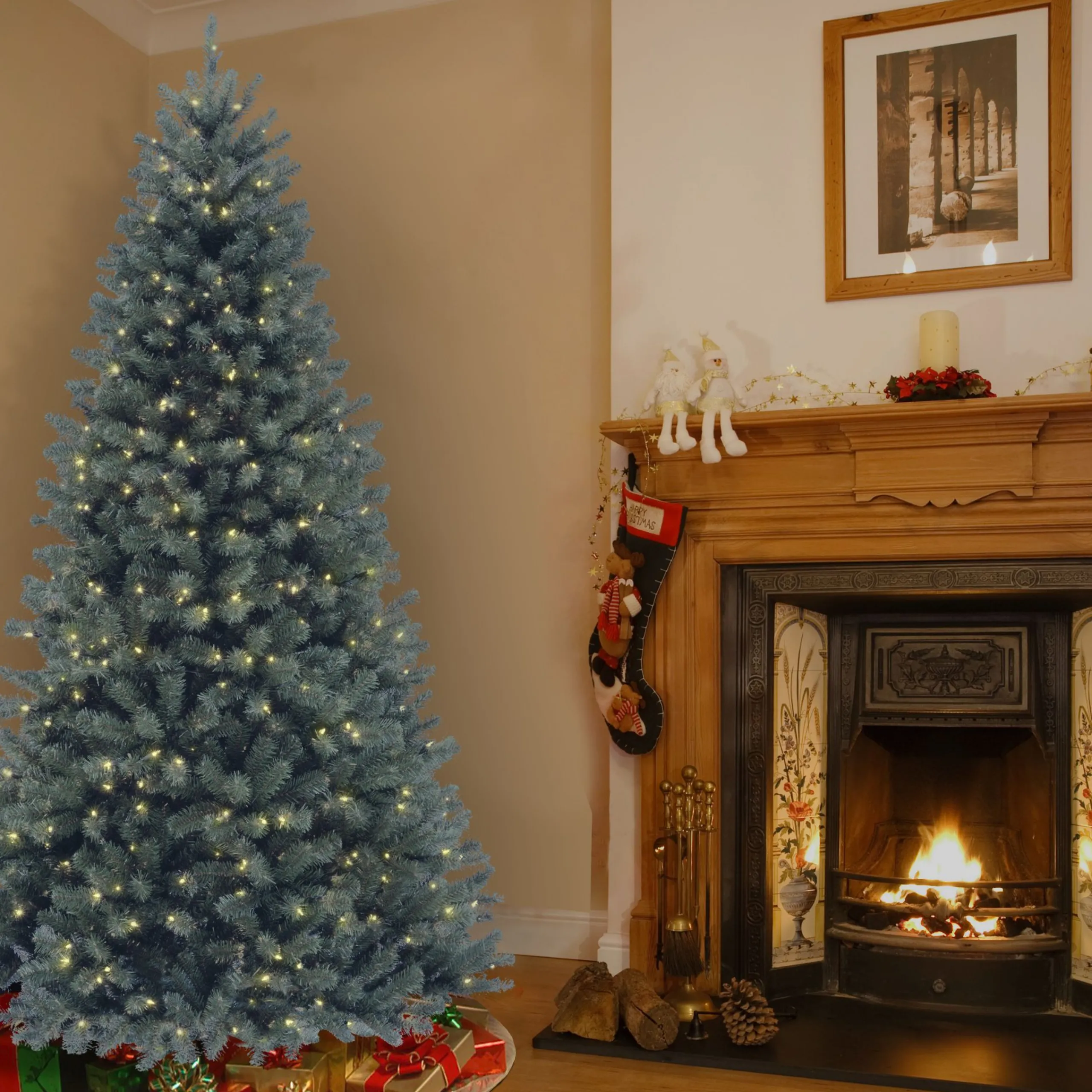 National Tree Company 7 And 7.5 Feet Tall>7' Pre-Lit Blue Full North Valley Spruce Artificial Christmas Tree, Clear Lights