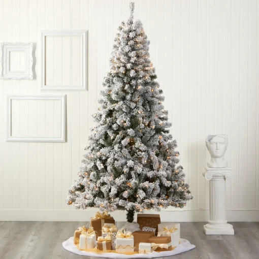 Nearly Natural 8 And 8.5 Feet Tall>8' Pre-Lit Flocked Fir Artificial Christmas Tree, Clear Led Lights