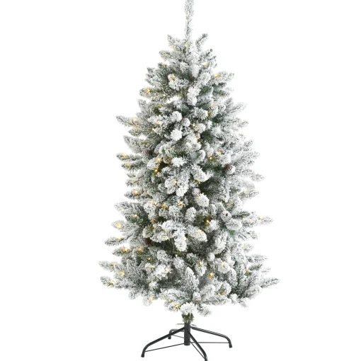 Nearly Natural 5 And 5.5 Feet Tall>5' Pre-Lit Flocked Livingston Fir Artificial Christmas Tree, Warm Clear Led Lights