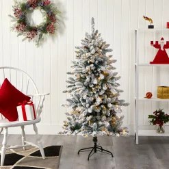 Nearly Natural 5 And 5.5 Feet Tall></noscript>5' Pre-Lit Flocked Livingston Fir Artificial Christmas Tree, Warm Clear Led Lights