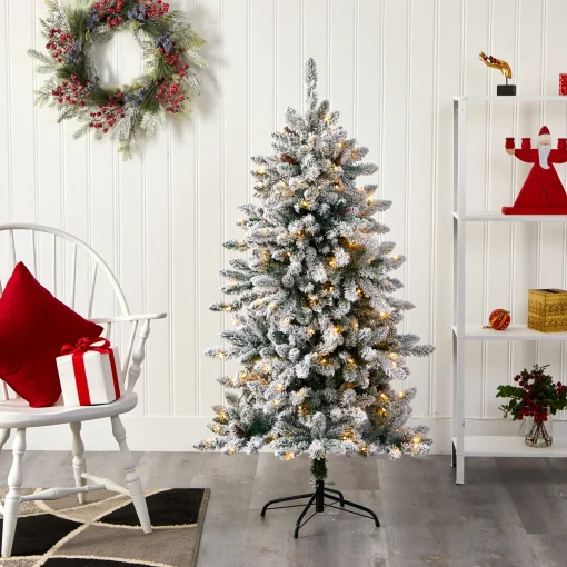 Nearly Natural 5 And 5.5 Feet Tall>5' Pre-Lit Flocked Livingston Fir Artificial Christmas Tree, Warm Clear Led Lights