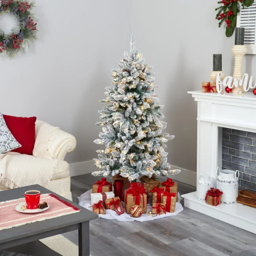 Nearly Natural 5 And 5.5 Feet Tall>5' Pre-Lit Flocked Livingston Fir Artificial Christmas Tree, Warm Clear Led Lights