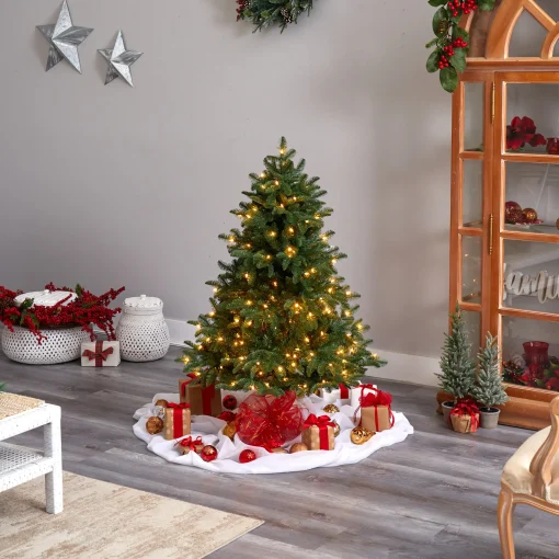 Nearly Natural 5 And 5.5 Feet Tall>5' Pre-Lit Flocked North Carolina Fir Artificial Christmas Tree, Warm White Lights