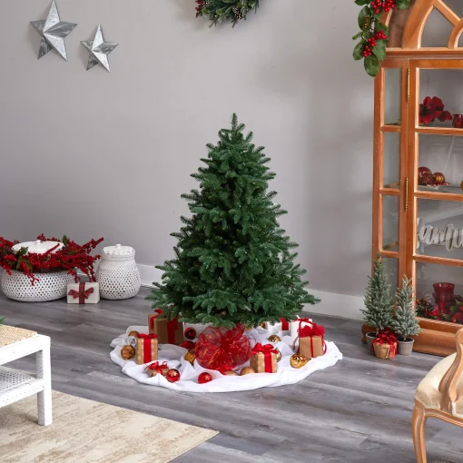 Nearly Natural 5 And 5.5 Feet Tall>5' Pre-Lit Flocked North Carolina Fir Artificial Christmas Tree, Warm White Lights