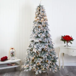 Nearly Natural 8 And 8.5 Feet Tall></noscript>8' Pre-Lit Flocked Vermont Pine Artificial Christmas Tree, Warm Clear Led Lights