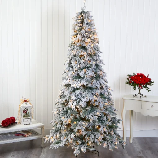 Nearly Natural 8 And 8.5 Feet Tall>8' Pre-Lit Flocked Vermont Pine Artificial Christmas Tree, Warm Clear Led Lights